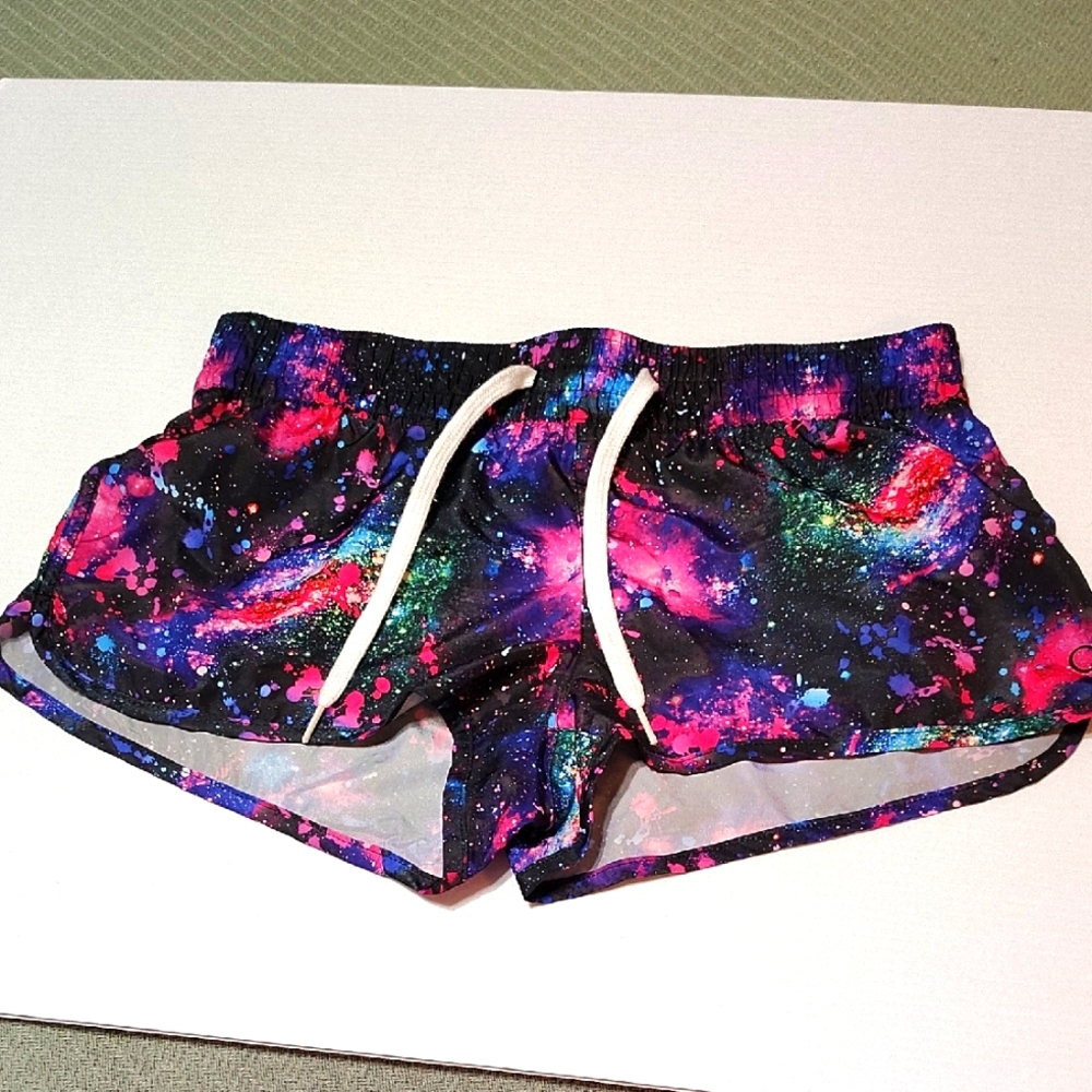 OP Women's Athletic Shorts Black & Pink Galaxy Paint Splatter Print Size M(7-9)